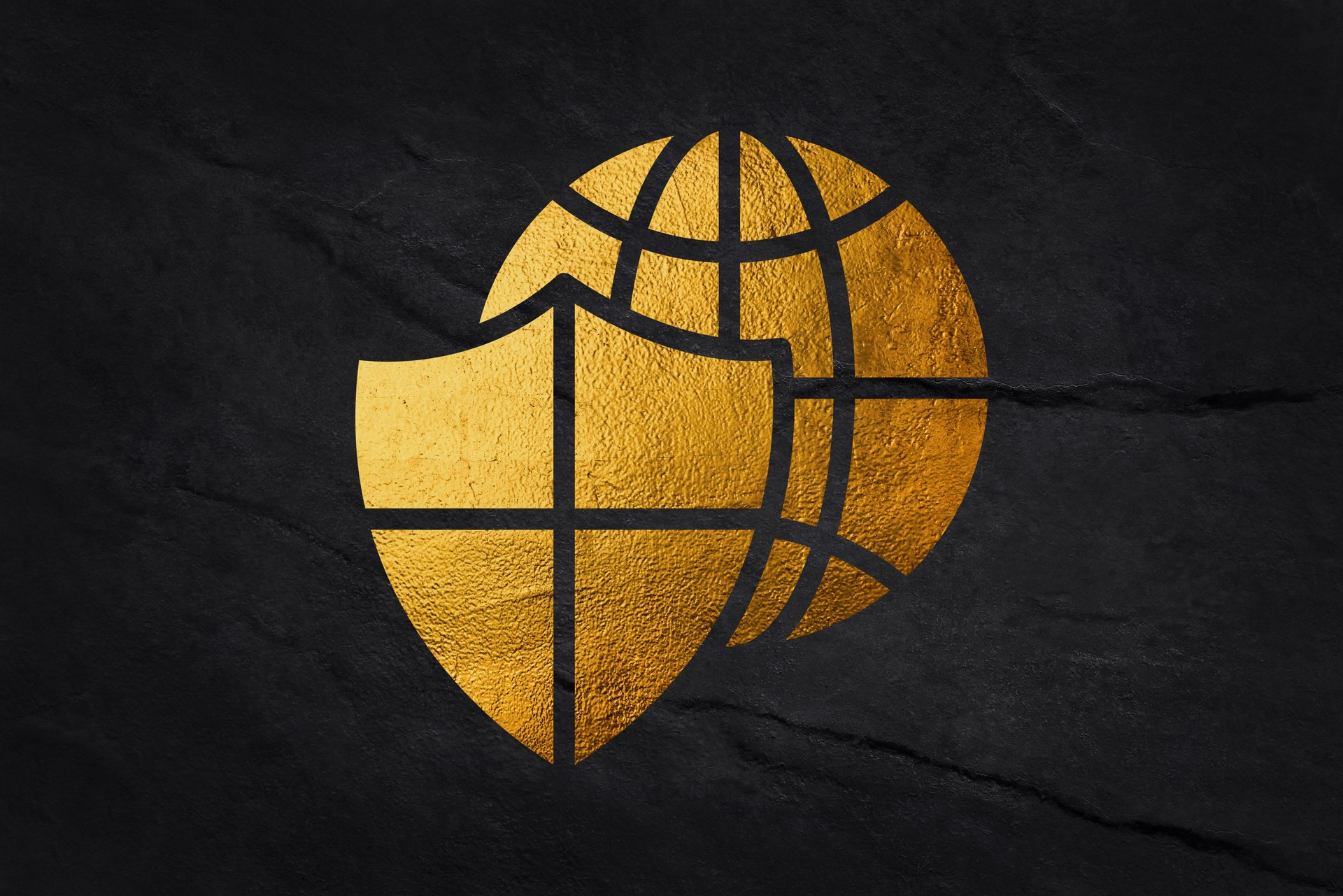 Gold Shield. Abstract wireframe vector illustration on dark blue. Protect and Security of Safe concept. Low poly golden starry sky digital 3d modern image or background. Polygonal knight sign